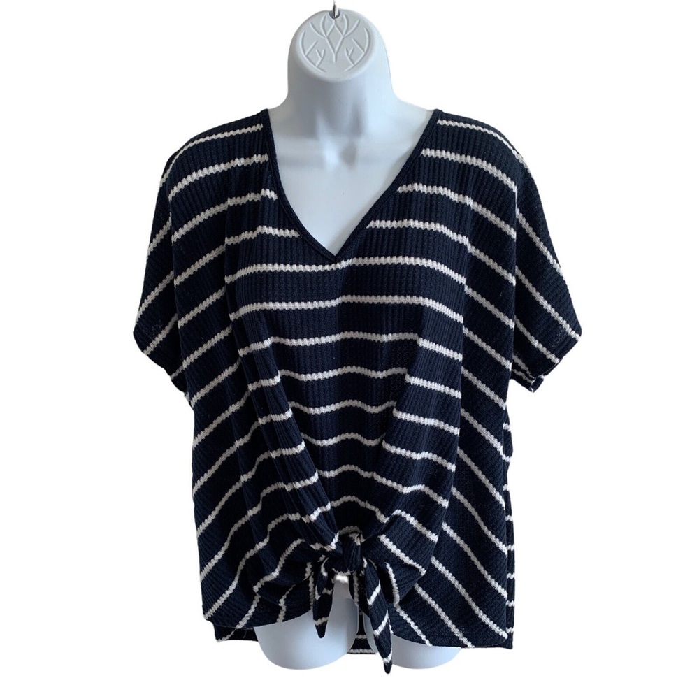Forgotten Grace Womens Blue White Striped Open Knit Short Sleeve Top Size 1X NWT